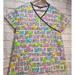 Just Love Black & White Stripe Butterfly Print Sz Medium Scrub Top Summer Colors